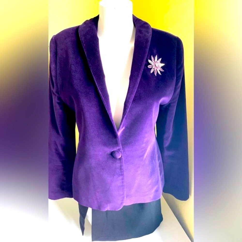 Purple color thick velvet blazer jacket single button closure shawl collar lined
